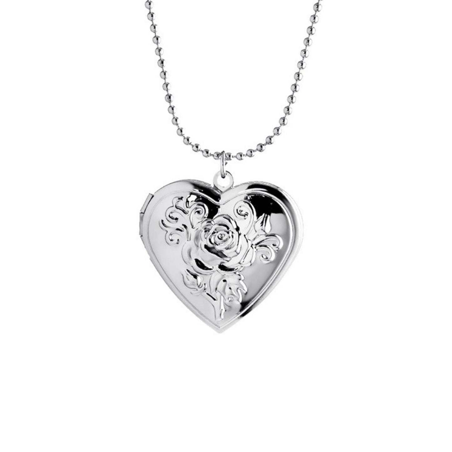 Vintage Engraved Flower Locket Picture Pendant Necklace Antique Carved Pattern Oval Heart Pendant Necklace For Women Hold Picture Souvenir Memorial Jewelry(Rose Flower Silver)