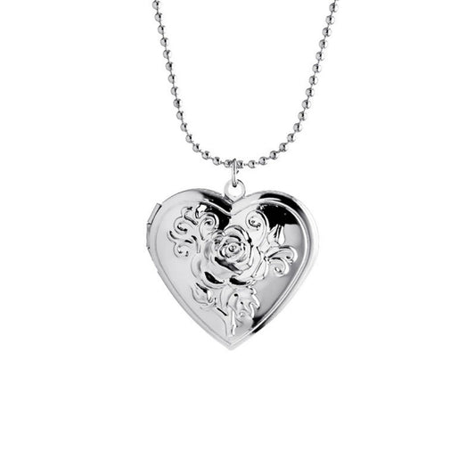 Vintage Engraved Flower Locket Picture Pendant Necklace Antique Carved Pattern Oval Heart Pendant Necklace For Women Hold Picture Souvenir Memorial Jewelry(Rose Flower Silver)